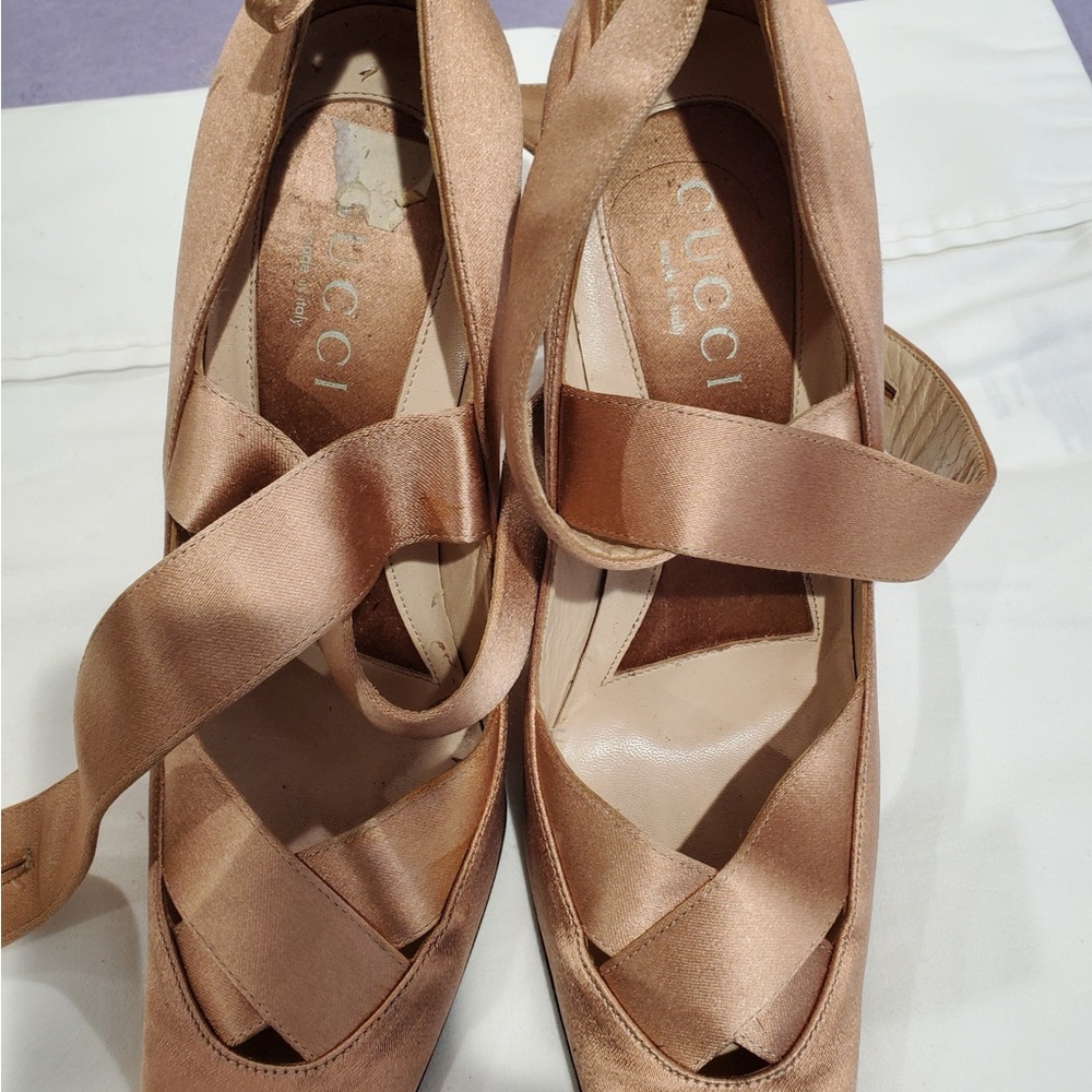 Gucci Women's Satin Crisscross Heels in Brown